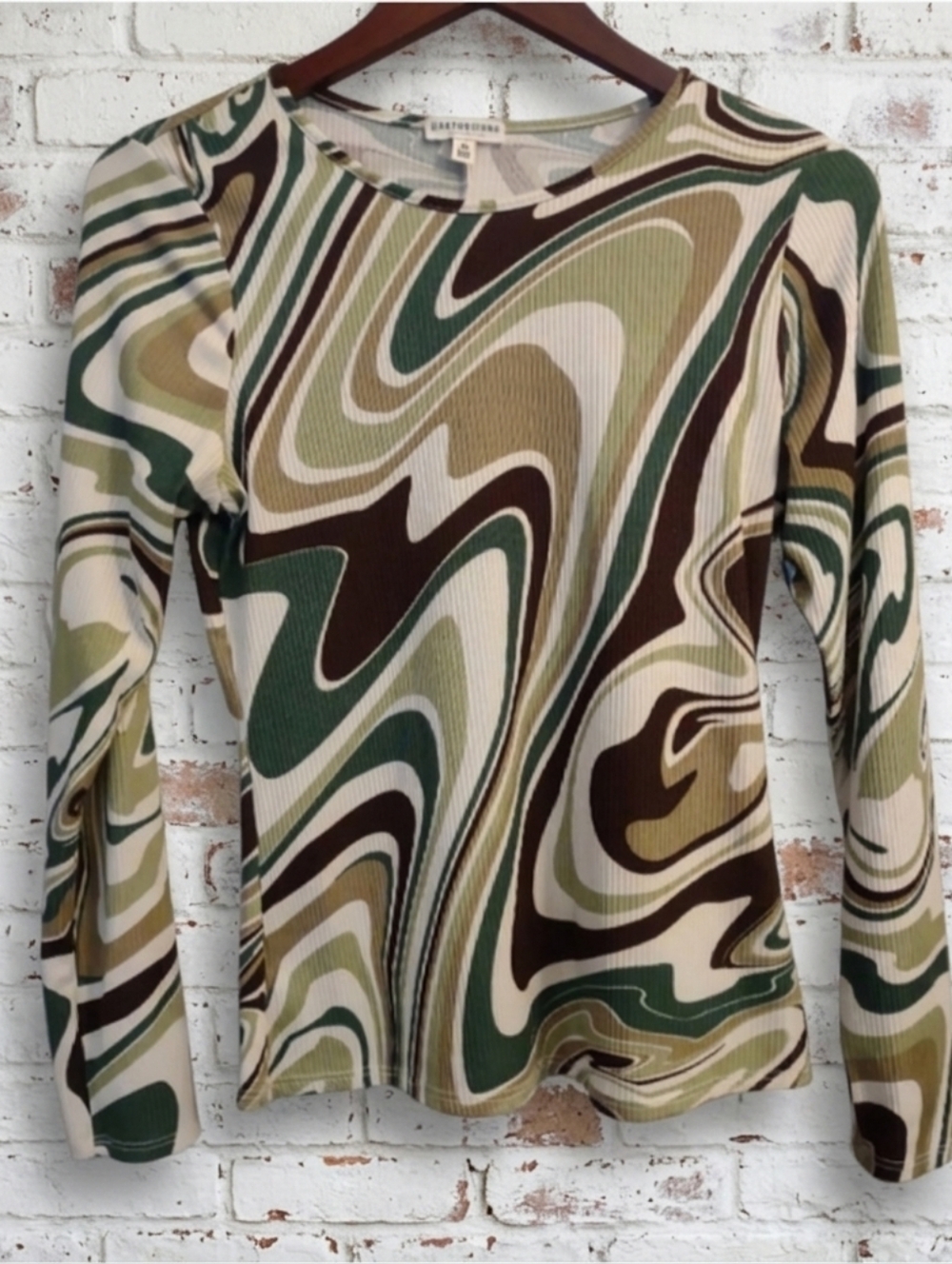 Earthbound Trading Co. Groovy Swirl Print Ribbed Long Sleeve Top M Flower Cutout